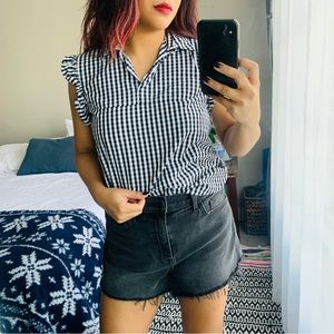 Zara Black and White Gingham Ruffle Sleeve Blouse